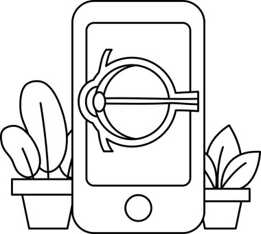 Üzerinde kamera merceği olan bir telefon saksı bitkisinin yanında duruyor. Telefon siyah-beyaz, bitki de yeşil. Teknoloji ve doğa kavramı uyumlu bir şekilde bir araya geliyor.