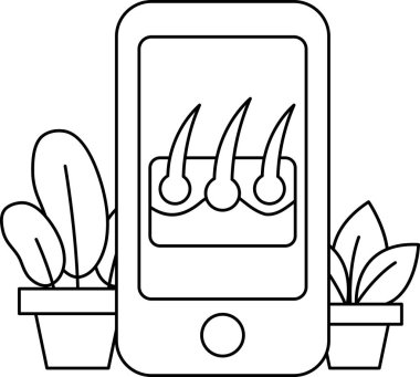 Üzerinde saç resmi olan bir telefon. Telefon saksı bitkisinin yanındaki masada.