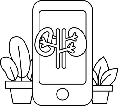 Üzerinde böbrek resmi olan bir telefon. Telefon saksı bitkisinin yanındaki masada.