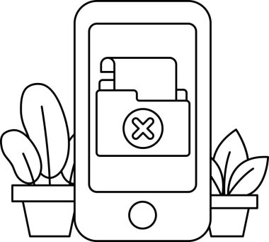 Üzerinde X harfi olan dosya simgesi olan bir telefon. Telefon bitkilerle çevrili.