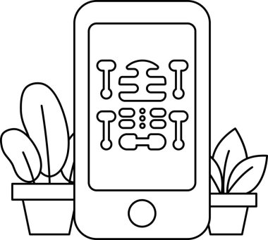 Üzerinde iskelet olan bir cep telefonu saksı bitkisinin yanında duruyor. İskelet telefonun ekranında ve bitki de arka planda.