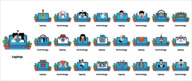 Dizüstü bilgisayarlarla ilgili insan ve nesnelerin bir koleksiyonu. Resimler, dizüstü bilgisayarla ilgili ögelerin farklı bir kategorisini temsil eden bir ızgarada düzenlenir.