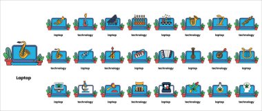 Dizüstü bilgisayarların bir dizi görüntüsü, her birinin farklı dizaynı var. Resimler, her dizüstü bilgisayarın farklı renk ve dizaynına sahip olduğu bir ızgarada düzenlenir. Sahne yaratıcılık ve yenilikçilikten ibarettir.