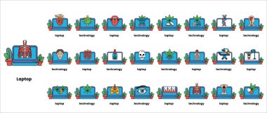 Dizüstü bilgisayarların ve teknolojinin bir dizi resmi. İlk görüntü üzerinde kalp olan bir laptop.
