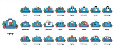 Dizüstü bilgisayar simgelerinin bir koleksiyonu mavi bir kanepede sergilenir. Simgeler arasında bir laptop, bir bilgisayar, bir klavye, bir fare, bir cep telefonu, bir tablet, bir klavye, bir fare, bir bilgisayar, bir bilgisayar, bir bilgisayar,