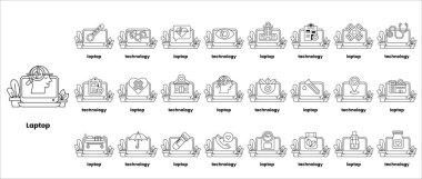 Dizüstü bilgisayarların ve teknolojinin bir dizi resmi. Resimler siyah beyaz ve bir ızgarada sıralanmış.