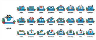 Dizüstü bilgisayarların ve teknolojinin bir koleksiyonu. Görüntüler çeşitli renk ve stillerde.
