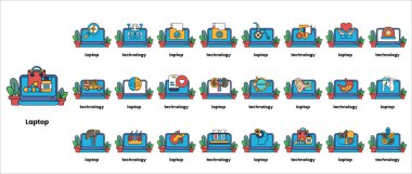 Dizüstü bilgisayarların ve teknolojinin bir dizi resmi. Görüntüler, her dizüstü bilgisayarın farklı bir dizaynına sahip olduğu bir ızgarada düzenlenir. Görüntülerin havası parlak ve renkli.