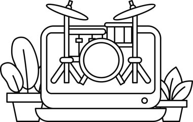 Arka planda bitki olan bir bateri setinin siyah beyaz çizimi. Davul seti bir masaya konur ve bitki de bir tencerenin içinde. Çizim yaratıcılık ve ilham veriyor.