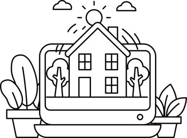 Arka planda ağaçlar ve çalılar olan bir ev bilgisayar ekranında gösteriliyor. Ev küçük ve bir sürü penceresi var.