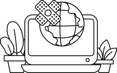 Bandajlı bir bilgisayar monitörü ve ekranında bir küre. Küre yeşil bir yaprak ile çevrilidir.