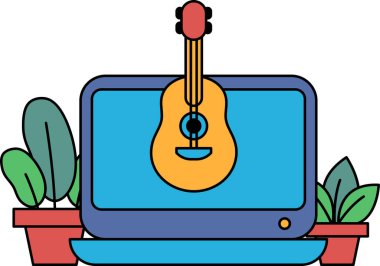 Bir dizüstü bilgisayarın üstüne bir gitar yerleştirilir. Gitar sarı ve turuncu ve dizüstü bilgisayar mavi. Sahne arka planda saksı bitkisi olan bir odada geçiyor.