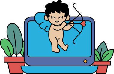 Elinde ok ve yay tutan çıplak bir adamın karikatürü. Adam gülümsüyor ve sevgililer günü karakteri.