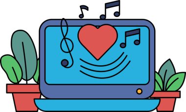 İçinde kalp ve notalar olan bir dizüstü bilgisayar. Kalp kırmızı ve notalar mavi. Dizüstü bilgisayar iki saksı bitkisinin yanına bir masaya yerleştirilir. Yaratıcılık ve ilham kavramı