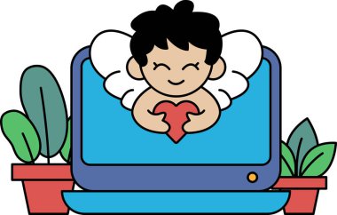 Bir çizgi film çocuğu elinde bir kalp tutuyor ve gülümsüyor. Resmin mutlu ve pozitif bir havası var.