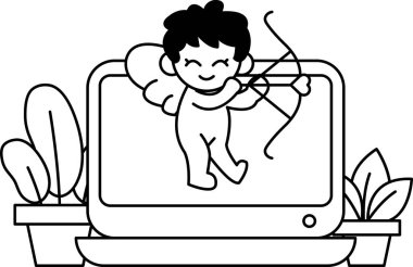 Elinde ok ve yay tutan genç bir adamın siyah beyaz çizimi. Bir şövalye gibi giyinmiş, yüzünde bir gülümseme olan genç bir adamın çizimi. Görüntü bir bilgisayar monitörüdür.