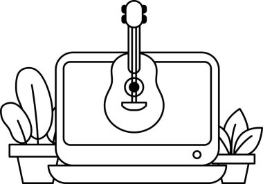 Dizüstü bilgisayarın üstünde bir gitar var. Gitar siyah beyaz. Arkaplan beyaz