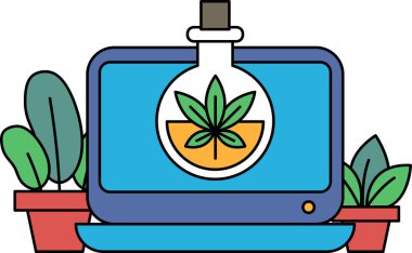 Cam kavanozda bitki olan bir bilgisayar monitörü. Bitkiye 