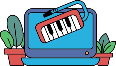 Üzerinde kırmızı ve mavi bir enstrüman olan küçük bir klavye..