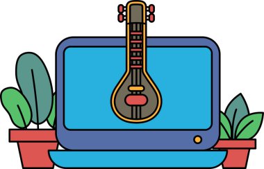Laptop ekranında bir gitar var. Gitar bir sitar. Laptop mavi.