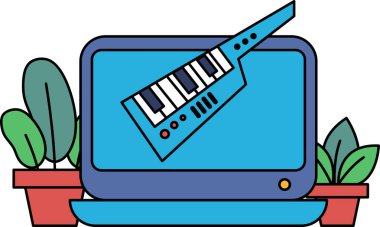 Dizüstü bilgisayarda bir klavye ve bir gitar var. Klavye dizüstü bilgisayarın sol tarafında ve gitar da sağ tarafında. Dizüstü bilgisayar açık ve üzerine klavye ve gitar yerleştiriliyor.