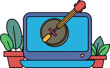 Bir bilgisayar ekranında bir gitar görüntülenir. Gitar yeşil yapraklar ve kırmızı bir çiçekle çevrilidir. Yaratıcılık ve sanatsal ifade kavramı