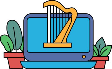 Üzerinde arp olan bir dizüstü bilgisayar. Laptop mavi ve arp sarı.