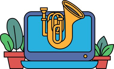 Üzerinde trompet olan bir bilgisayar monitörü. Trompet sarıdır ve mavi bir arka planı vardır. Görüntünün neşeli ve tuhaf bir havası var.