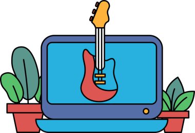Bir dizüstü bilgisayarda bir gitar görüntülenir. Gitar kırmızı ve mavidir ve yeşil yapraklarla çevrilidir. Gitar müziğin bir sembolü olduğu için yaratıcılık ve sanatsal ifade kavramı
