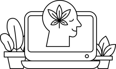 Bir adamın kafası bilgisayar ekranında, arka planda yapraklı bir bitki ile gösteriliyor. Rahatlama ve sükunet kavramı, adamın huzurlu bir ruh hali içinde olması gibi.