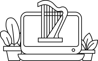 Üzerinde arp olan bir dizüstü bilgisayarın siyah beyaz çizimi. Arp, görüntünün ana odak noktasıdır ve bitkiler ve çiçeklerle çevrilidir.