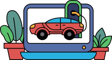 Kırmızı bir araba yeşil kapılı bir bilgisayar ekranında gösteriliyor. Araba bir benzin istasyonunda park halinde.