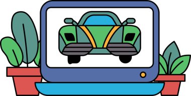Bir bilgisayar ekranında yeşil bir araba gösteriliyor. Araba bir spor arabadır ve çizgi film tarzında gösterilmiştir. Araba bitkilerle çevrili, bu da sahneye doğal ve sakinleştirici bir dokunuş katıyor.