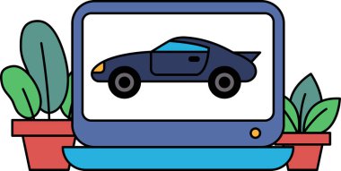 Bir çizgi film arabası bilgisayar ekranında gösteriliyor. Araba mavi kapaklı siyah bir spor araba. Araba saksı bitkisinin önünde park edilmiş. Bitki yeşil ve kırmızı bir tenceresi var. Sahne basit.