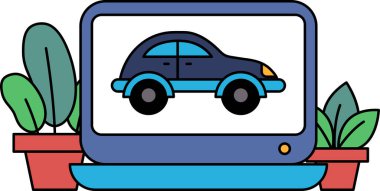 Bir çizgi film arabası bilgisayar ekranında gösteriliyor. Araba mavidir ve çizgi film tasarımına sahiptir. Arka planda bir saksı bitkisi ve yeşil yapraklı bir bitki yer alıyor. Sahne neşeli ve neşeli.