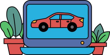 Kırmızı bir araba bir bilgisayar ekranında gösteriliyor. Araba, yeşil bir arka plan ve ön planda saksı bitkisi ile çizgi film tarzında gösterilir. Modern teknoloji kavramı ve eğlenceli