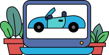 Bir çizgi film arabası bilgisayar ekranında gösteriliyor. Araba mavi ve sunroof 'u var. Sahne saksı bitkisi ve dizüstü bilgisayarlı bir odada geçiyor. Sahne neşeli ve şen şakrak