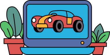 Bir çizgi film arabası bilgisayar ekranında gösteriliyor. Araba kırmızı ve sarı ve çizgi film yüzü var. Araba saksı bitkisinin önüne park edilmiş.