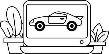 Bilgisayar ekranında siyah beyaz bir araba çizimi. Araba parlak bir tasarımı ve sivri uçlu bir önü olan bir spor araba. Arka planda birkaç saksı bitkisi var.