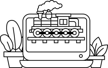 Raylarda bir trenin siyah beyaz çizimi. Tren yeşil yapraklar ve bir saksı bitkisiyle çevrilidir. Tren yavaş hareket ederken sahne sakin ve huzurlu.