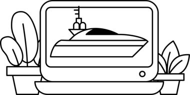 Ekrandaki bir teknenin siyah beyaz görüntüsü. Tekne bir yat ve çok detaylı bir şekilde gösteriliyor. Arka planda birkaç saksı bitkisi var, bu da olay yerine yeşillik katıyor.