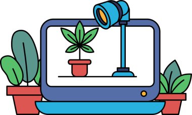 Üzerinde bitki olan bir bilgisayar monitörü ve yanında bir lamba. Bilgisayar monitörü olarak verimlilik ve odaklanma kavramı