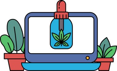 Üzerinde bitki olan bir bilgisayar monitörü ve yanında da bir şişe sıvı..