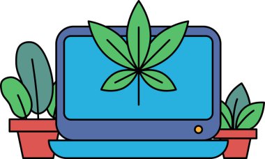 Üzerinde yaprak olan bir bilgisayar monitörü saksı bitkileriyle çevrilidir. Bitkiler yeşil ve ekrandaki yaprak da yeşil. Sahne sakin ve huzurlu, bitkiler gibi.