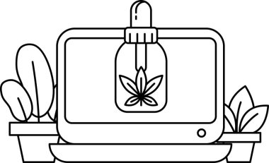 Üzerinde bir şişe kenevir yağı olan bir bilgisayar monitörünün siyah beyaz çizimi.