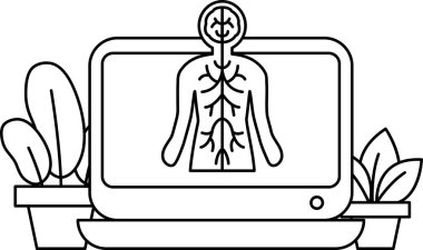 Görüntüyü gösteren bir bilgisayar monitörüyle insan vücudunun siyah beyaz çizimi.
