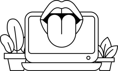 Dili dışarı çıkmış siyah beyaz bir ağız çizimi. Çizim siyah beyaz arka planı olan bir bilgisayar monitörü. Çizimin arkasındaki fikir, mizah duygusunu ifade etmektir.