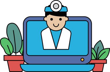 Dizüstü bilgisayarda gülümseyen bir doktorun çizgi filmi. Doktor beyaz bir ceket giyiyor ve kameraya bakıyor. Laptop açık ve ekranda doktorun yüzü görünüyor.