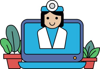 Dizüstü bilgisayarın başında bir kadın doktor var. Gülümsüyor ve mutlu. Laptop açık ve ekranda onun görüntüsü var.