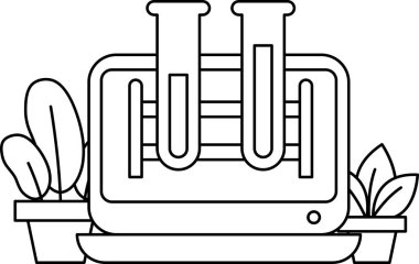 Arka planda bir bitki olan iki test tüpünün siyah beyaz çizimi. Çizim, bilimsel bir merak ve keşif hissi veriyor.